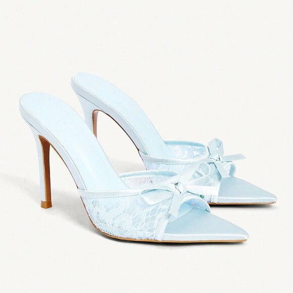 Shoes - Blue Sexy Women's Satin Mesh Stitching Bow Pointed Stiletto Heels